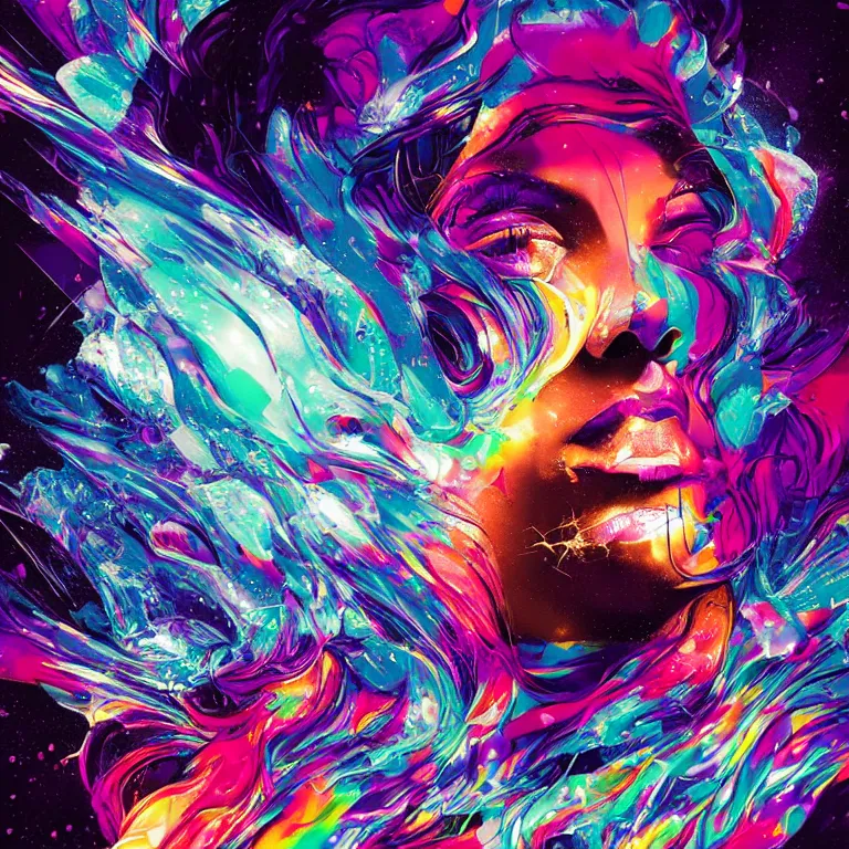 Prompt: queen in a chaotic storm of liquid smoke multicolor splash portrait, by petros afshar, sabbas apterus, brian sum, ross tran, tom whalen, shattered diamond, bubbly underwater scenery, radiant light