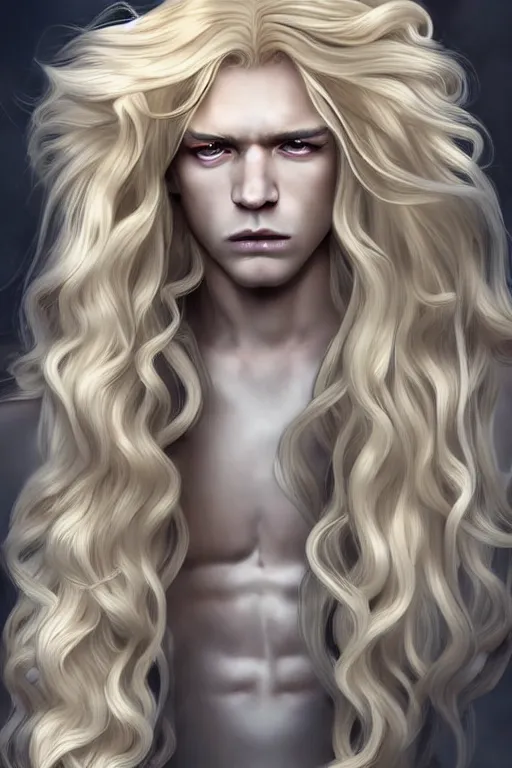 Prompt: digital art of a pale menacing Angel of Battle with long blond curls of hair and piercing eyes, young androgynous male, central composition, he commands the fiery power of resonance and wrath, very very long blond curly hair with bangs!!!, Center parted bangs, fringe, baroque curls, tight rolled drill curls, by Ross Tran Rossdraws and WLOP, Artstation, CGsociety