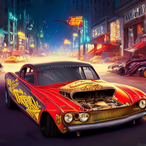 Image similar to detailed intricate digital illustration by greg rutkowski and artgerm and wlop and sanford robinson gifford ; rat fink style hotrod, ratrod dragster in city intersection ; 1 3 mm film, arri alfa anamorphic lens ; long exposure, sharp focus ; golden hour, trending on artstation 8 k