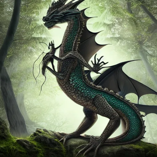 Image similar to peaceful dragon in a beautiful, misty forest, leaning over a steep hill, elongating its neck to sip water from the flowing, turbulent river, trending on artstation, intricately defined, complexly detailed, robustly ordinated, 4 k quality, digital art