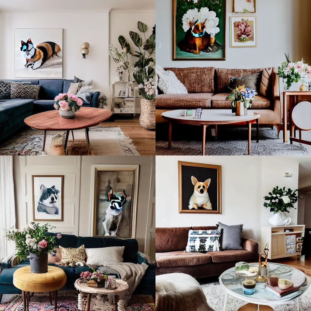 Prompt: A cozy living room with a painting of a corgi on the wall above a couch and a round coffee table in front of a couch and a vase of flowers on a coffee table.