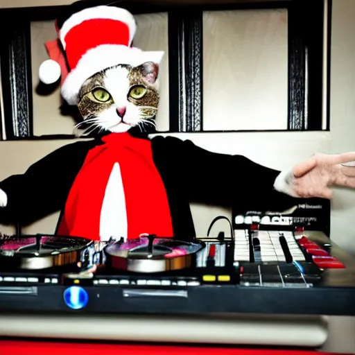 Image similar to cat in the hat on the dj decks