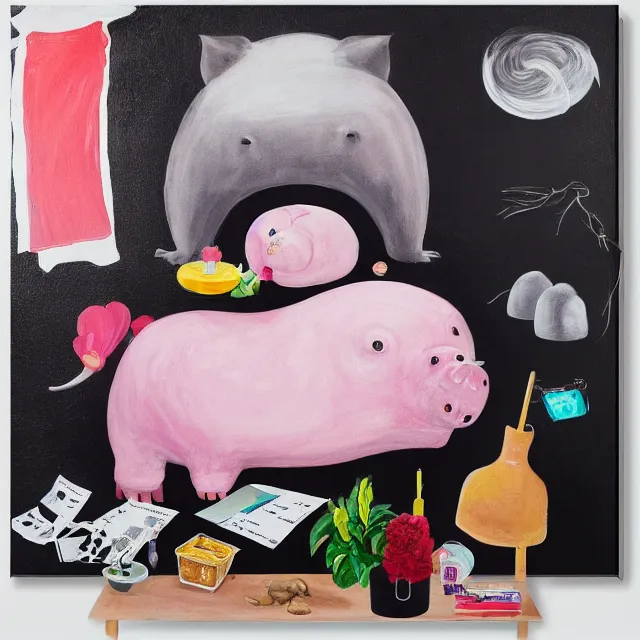 Image similar to giant zen pig, a portrait in a female artist's bedroom, black walls, emo girl with plushies, sheet music, berries, surgical supplies, pancakes, black flowers, sensual, octopus, neo - expressionism, surrealism, acrylic and spray paint and oilstick on canvas