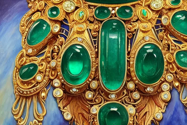 Prompt: highly detailed oil painting, front view, very realistic gemstones, art nouveau, ornate, delicate, brilliant emerald choker, necklace on display, dramatic light,