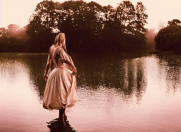 Prompt: a 2 8 mm holga photo of a woman in a formal gown emerging from a lake, misty, morning, splash art, movie still, bokeh, canon 5 0 mm, cinematic lighting, dramatic, film, photography, golden hour, depth of field, award - winning, anamorphic lens flare, 8 k, hyper detailed, 3 5 mm film grain