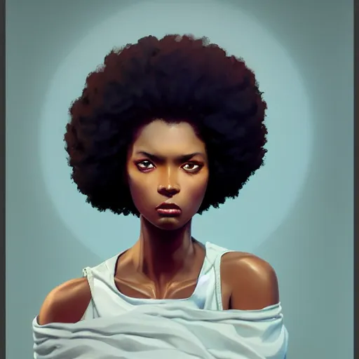 Image similar to A black woman with big Afro cute brown eyes, fine-face, realistic shaded perfect face, fine details. realistic shaded lighting poster by Ilya Kuvshinov katsuhiro otomo ghost-in-the-shell, magali villeneuve, artgerm, Jeremy Lipkin and Michael Garmash, Rob Rey and Kentarõ Miura style, trending on art station