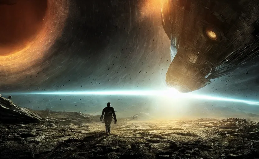 Prompt: an extraterrestrial spaceship exiting a worm hole with planet earth in sight, in the style of the matrix, epic scene, extremely detailed masterpiece, extremely moody lighting, glowing light and shadow, atmospheric, shadowy, cinematic, god lighting