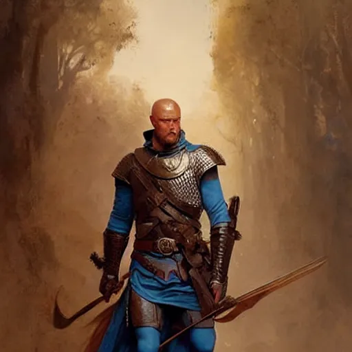 Image similar to Ranger marching toward the viewer, male, muscular, blue eyes!!!!, straight nose!!!, detailed face, exposed thighs!!!, fantasy, medieval, highly detailed, painting by greg rutkowski