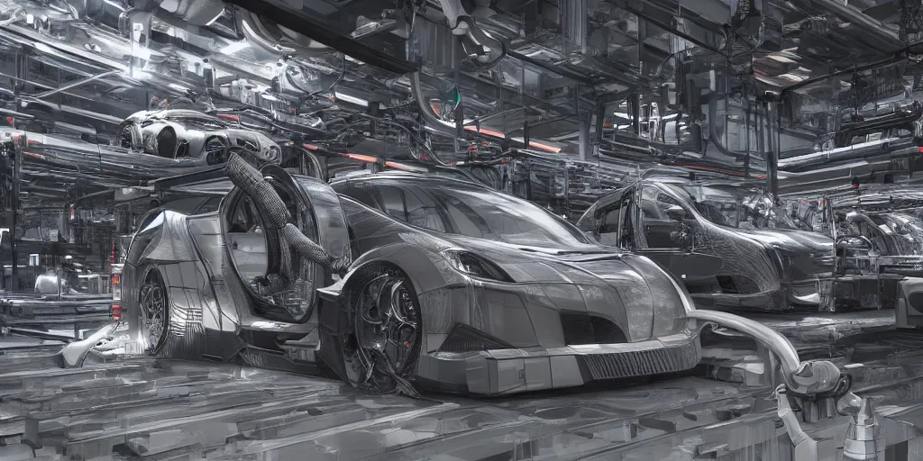 Image similar to 3 d concept art, carbon fiber automobile production line of hydrogen power energy, science fiction, beautiful, cinematic lighting, intricate details, octane rendering, trending on artstation, featured on behance.