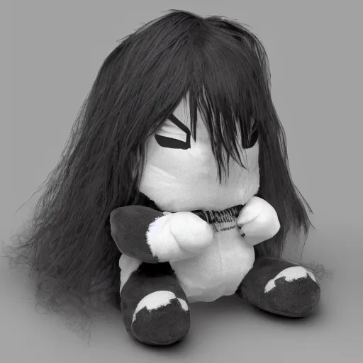 Prompt: cute fumo plush of a long - haired and tattered orphan cursed with the power of the shadows, black and white, vray