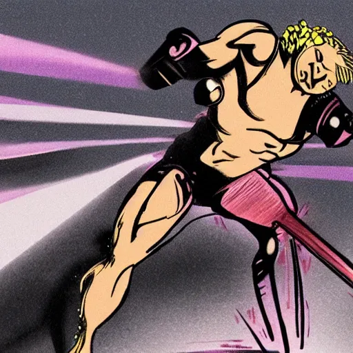 Prompt: blond bodybuilder wearing rose tinted sunglasses decapitates black cyborg with machete at a beach nightclub concept art.