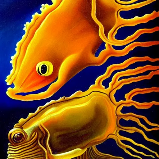 Prompt: oil painting of caramel cornstar fish by salvador dali, highly detailed, painted by someone who paints with their toes