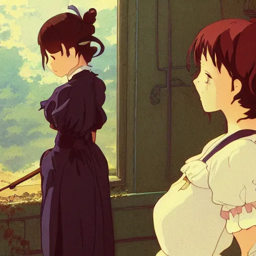 Image similar to a maid girl winking, film still, studio portrait, high quality, makoto shinkai, studio ghibli, wlop, greg rutkowski, alphonse mucha, highly detailed