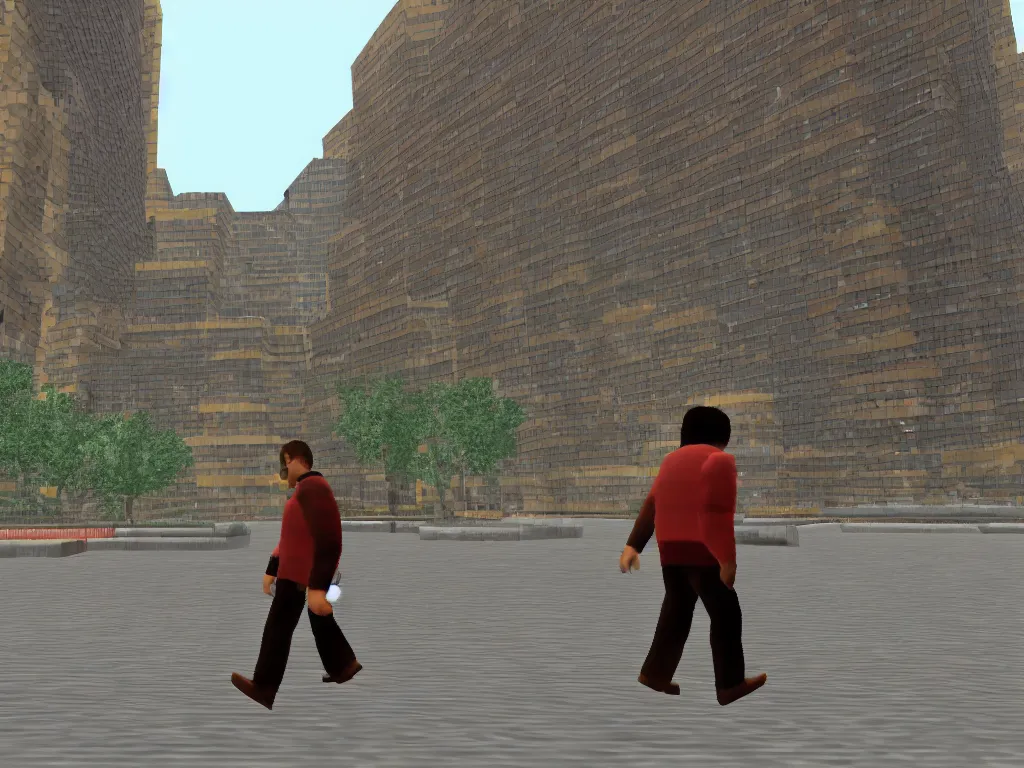 Image similar to glitchy Nintendo 64 N64 game, third person, man walking through city