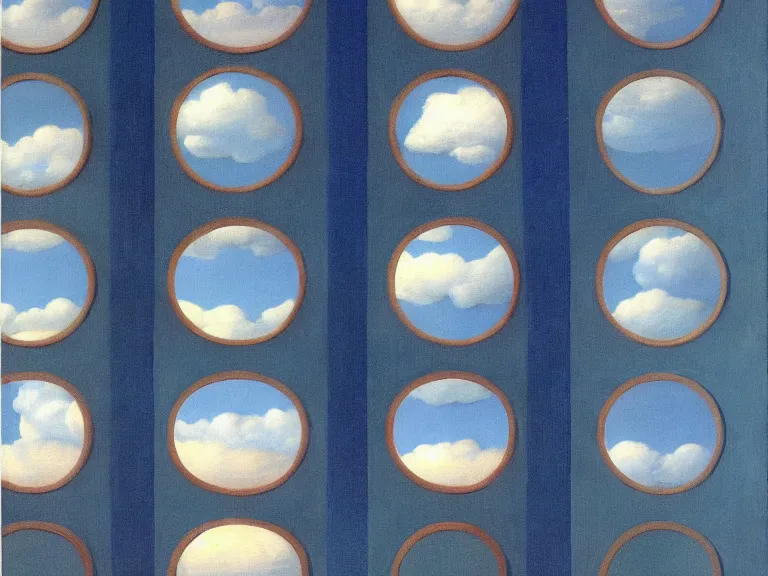 Image similar to mirrors, painting by rene magritte, high detail, high resolution