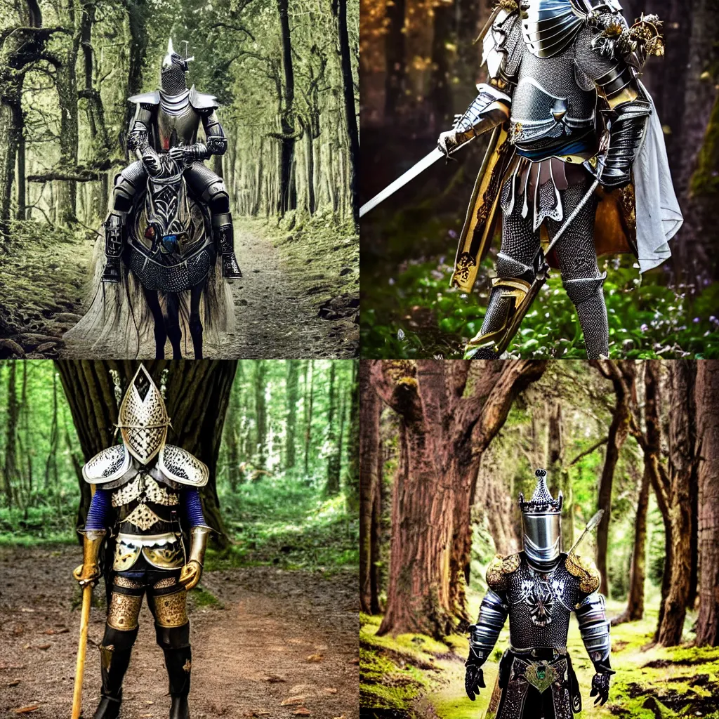 Prompt: a stunning photograph of a knight wearing ultra detailed and ornate fantasy armor in a magical forest filled with pixies and goblins