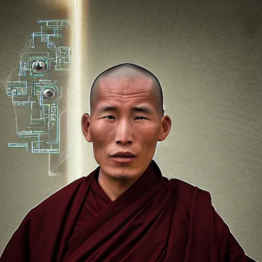 Prompt: portrait of a tibetan monk with facial cybernetic enhancements praying to a futuristic screen, photography