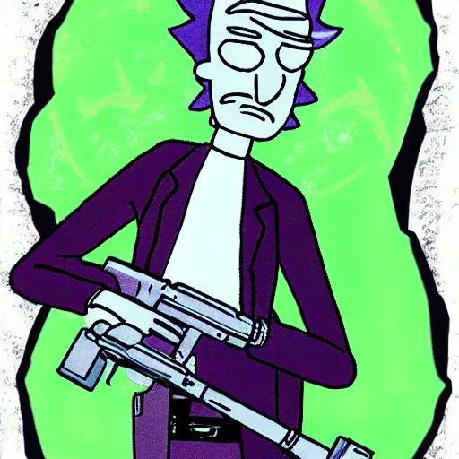 Image similar to portrait of alien rick holding a cybernetic rifle, rick and morty forever and forever a hundred years! g