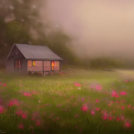 Image similar to a matte painting of a prairie, cottage close up, rain, foggy, patchy flowers, oil painting, pale colors, high detail, 8 k, wide angle, trending on artstation,