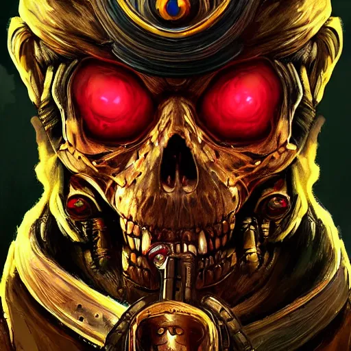 Prompt: a golden skull face monkey warrior with a ruby in his forehead, Apex Legends character digital illustration portrait design, by android jones, detailed, cinematic lighting, wide angle action dynamic portrait
