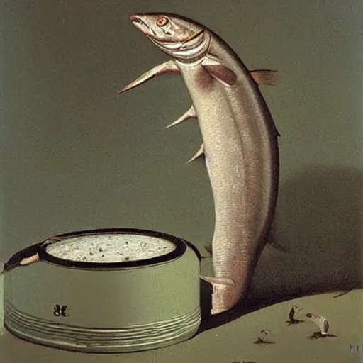Prompt: sardine in a can, extremely detailed masterpiece, illustration, by michael sowa,