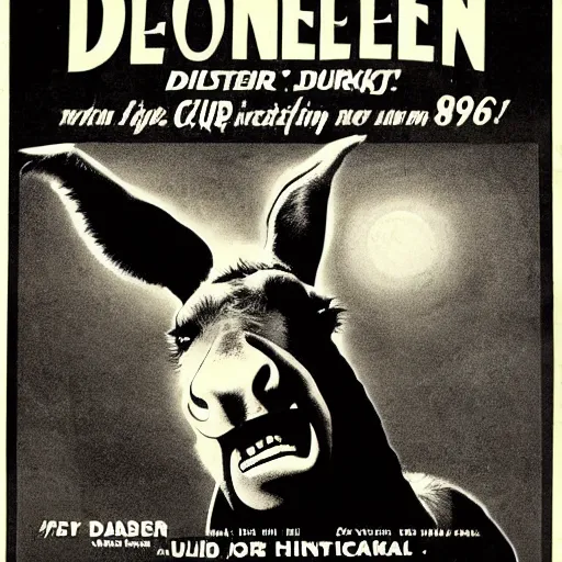 Prompt: 1 9 6 0 s horror movie poster featuring a very evil donkey staring into the camera, very detailed, 8 k, black and white