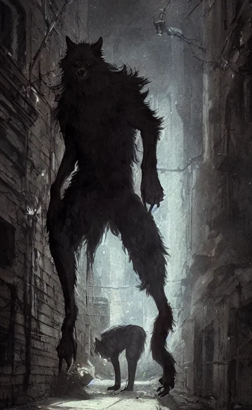 Prompt: hyperrealistic, Portrait of a werewolf crouched in a dark alley, fantasy, highly detailed, cinematic lighting, digital art painting by greg rutkowski