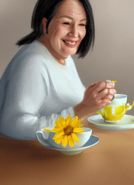 Image similar to middle - aged woman sitting in a table with a hot cup of tea, small wide smile, mandel eyes, forehead, small plump lips, oval face, wrinkled big cheeks calming white background of a kitchen with yellow flowers, pastel colours, thin blurry lines, digital painting, artstation, matte, sharp focus, illustration, realistic oil painting