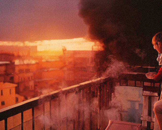 Image similar to lomo photo of pair standing on small hrushevka balcony full with cigarette smoke in small russian town looking at sunset, cinestill, bokeh