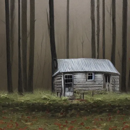 Image similar to a painting of a eerie cabin in the middle of the woods in the style of banksy