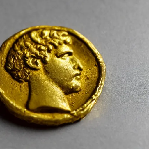 Prompt: an ancient roman gold coin with the face of the singer drake, close up photo, ultra realistic, studio photo, bokeh.