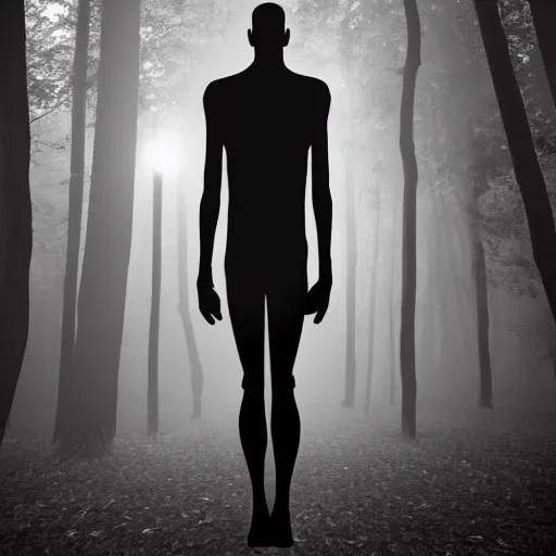 Prompt: photorealistic detailed tall skinny humanoid creature in a dark forest at night, extremly detailed, black and white, 8 k, realistic, sharp focus
