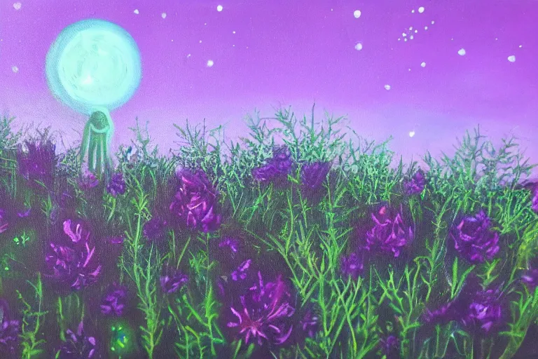 Image similar to a oil painting of a extraterrestrial alien lost in a meadow, tall plants, purple lighting, night sky, glows, moonlight,