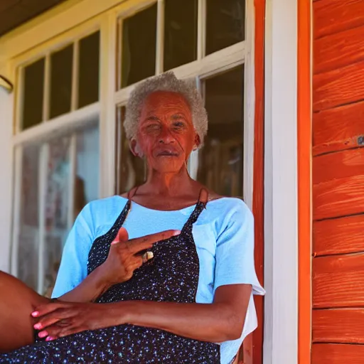 Image similar to a beautiful woman with freckles sitting on the porch, caribbean, golden hour