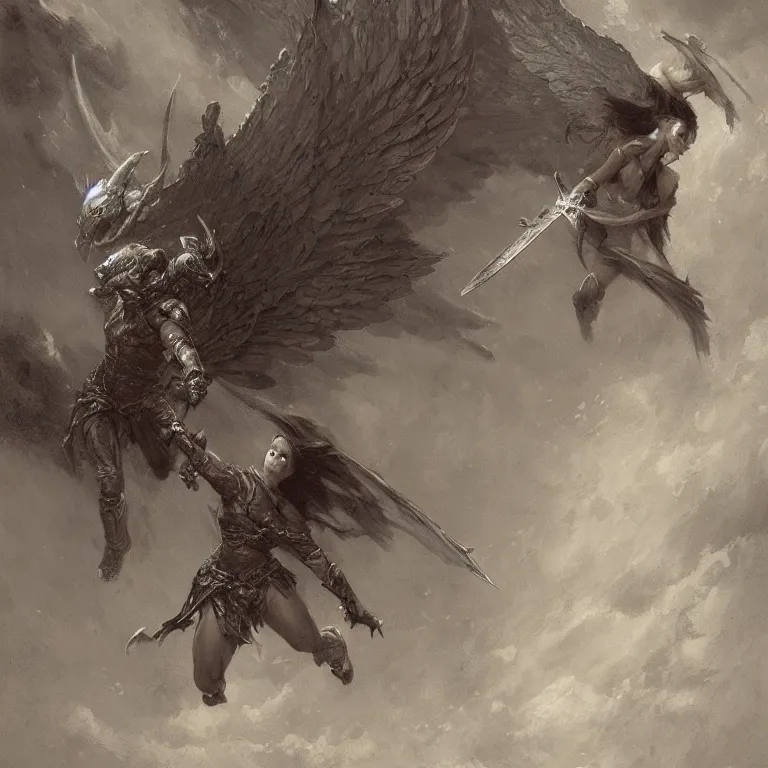 Prompt: Dark and dreary painting, a sword fight between a female angel and a demon, demon has huge wings, by Gustave Dore, by greg rutkowski, trending on artstation