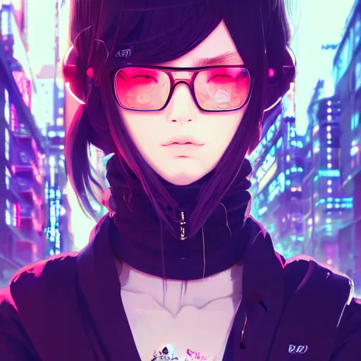 Image similar to by kyoto animation, cool girl wearing cyberpunk intricate streetwear, beautiful, detailed symmetrical close up portrait, intricate complexity, in the style of artgerm and ilya kuvshinov, cell shaded, 4 k, concept art, by wlop, krenz cushart, greg rutkowski, pixiv. cinematic dramatic atmosphere, cinematic lighting, studio quality