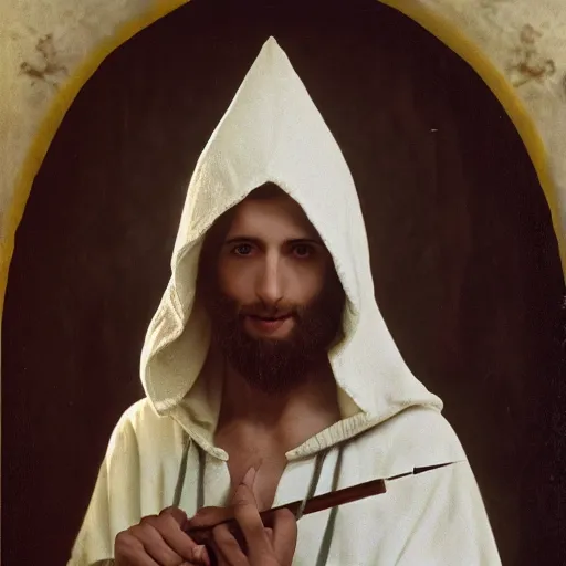 Image similar to professional close - up portrait of bohemian jewish prophet in his 2 0 s wearing a white hooded wizards robe and holding a staff. cinematic, epic framing, deep emotion