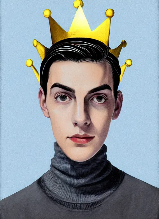 Image similar to portrait of teenage jughead jones wearing a light grey crown, crown, blue turtleneck, 1 9 5 0 s, closed eyes, photorealistic, black hair, glowing lighting, intricate, elegant, glowing lights, highly detailed, digital painting, artstation, concept art, smooth, sharp focus, illustration, art by wlop, mars ravelo and greg rutkowski