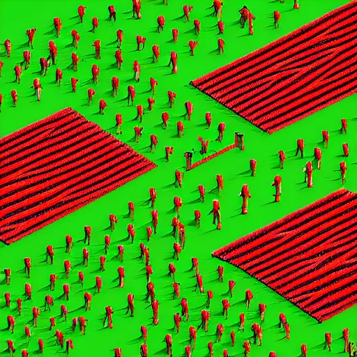 Prompt: Large field with an army of red and green lawn gnomes wielding midieval weaponry, axonometric exploded view, high detail, 8k, photorealistic