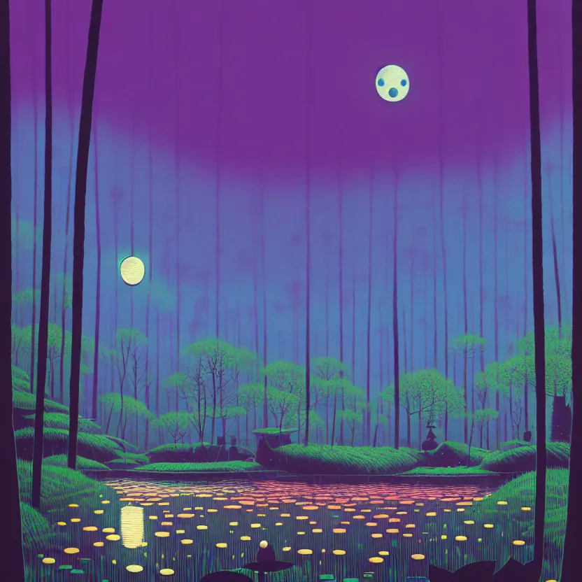 Image similar to ( ( ( gediminas pranckevicius ) ) ), a pond in the forest, moonlight, flower garden summer morning, very coherent and colorful high contrast art by simon stalenhag floralpunk screen printing woodblock, dark shadows, pastel color, hard lighting