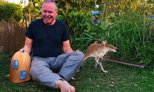 Image similar to My dad just took a hit from the bongo and have good time being gracefully relaxed in the garden, sunset lighting