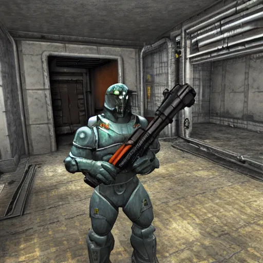 Image similar to fallout enclave fighter in power armor with a minigun in his hands stands next to the entrance to the fallout shelter, camera view isometric, post - apocalyptic,