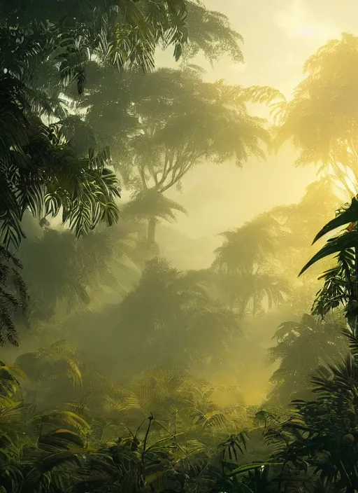 Image similar to jungle with sunrays piercing foliage and fog at dusk, realistic, ultra detailed, artstation