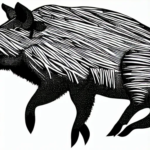 Image similar to book illustration of a wild boar dancing. the boar has shades. book illustration, monochromatic, white background, black and white image