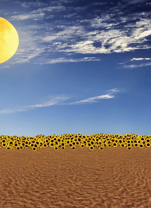 Prompt: an endless desert, only one sunflower in the middle of the desert, a moon in the sky