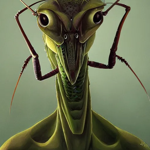 Prompt: portrait of green anthropomorphic mantis religiosa ; hard predatory look ; d & d rogue ; 6 legs ; triangle - shaped head with antennae ; concept art ; artstation ; 8 k ; wallpapers ; heavy contrast ; cinematic art ; cgsociety ; art by greg rutkowski and artgerm