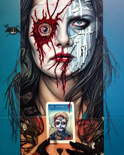 Image similar to a tarot card portrait horror and blood with sea and ocean intricate details by Sandra Chevrier