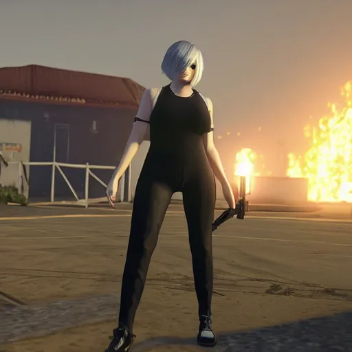 Prompt: Screenshot of 2B in GTA 5