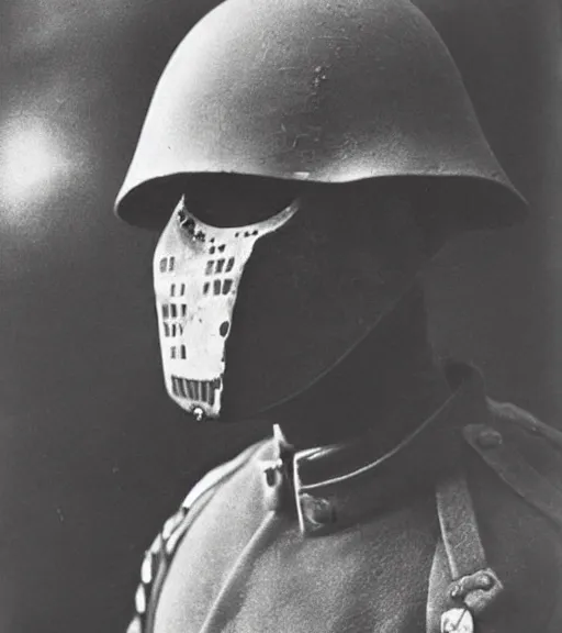 Image similar to a soldier wearing a scary mask in distance, ww1 film photo, grainy, high detail, high resolution