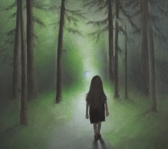 Image similar to a girl wandering in a dark forest, dim lighting, oil painting, scary atmosphere